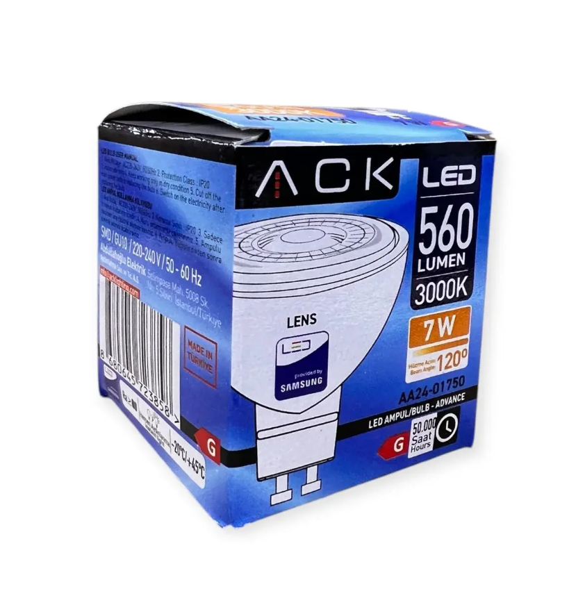ACK 7W 220-240V GU10 3000K SMD LENSLİ LED AMPUL