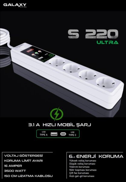 Galaxy S220 S220 Ultra 4Lü Akım Korumalı Usb+Type C G.Rpiz 1.5Mt