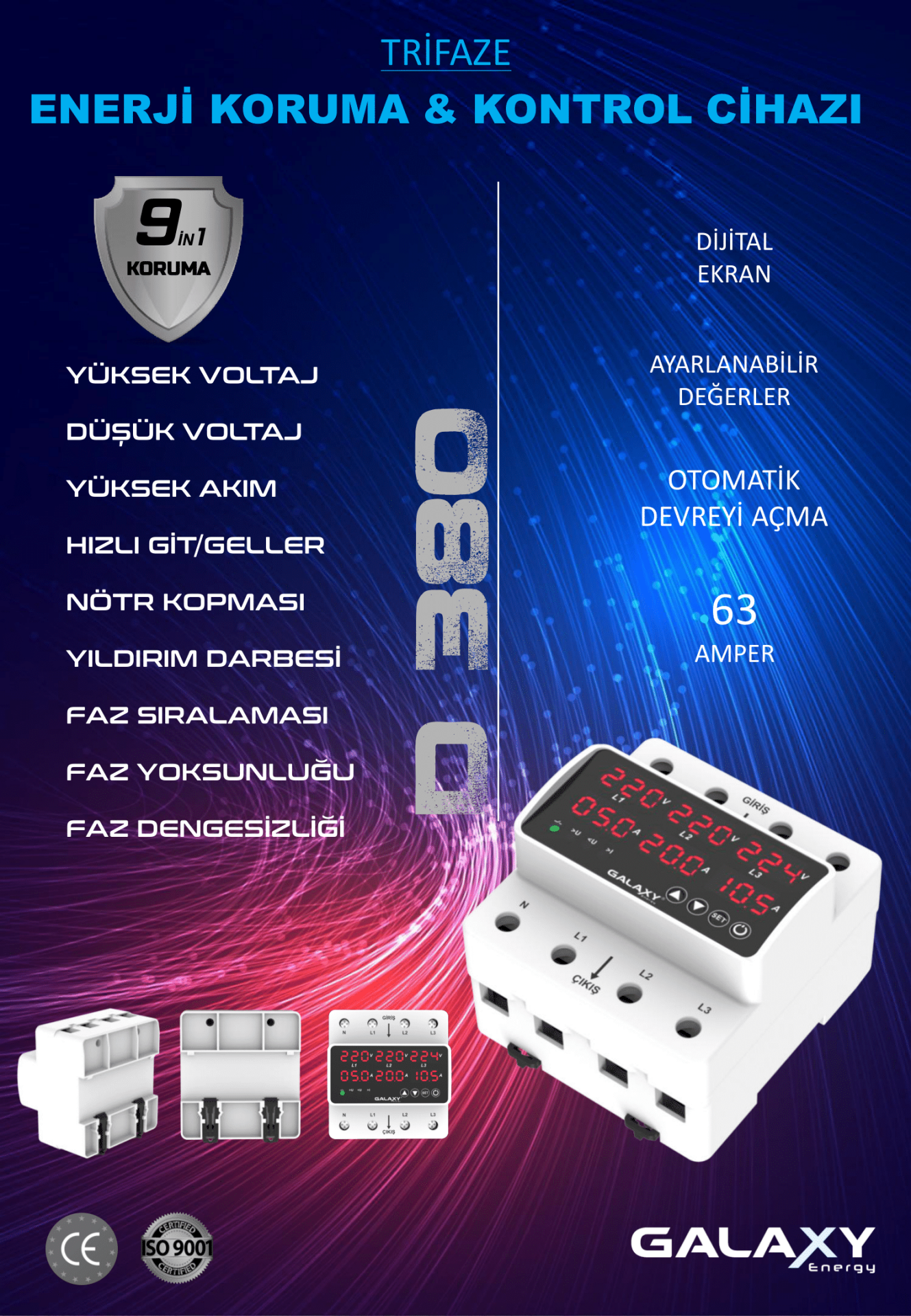 GALAXY D380 TRİFAZE AKIM KONTROL CİHAZI 63A