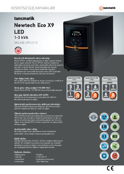 Tunçmatik TSK10223 Newtech Eco X9 1 Kva 1/1 On-Lıne Ups Led