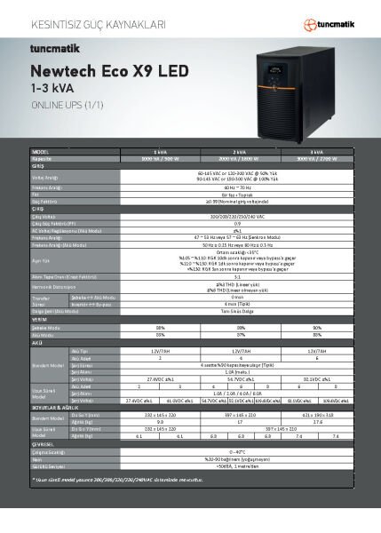 Tunçmatik TSK10223 Newtech Eco X9 1 Kva 1/1 On-Lıne Ups Led