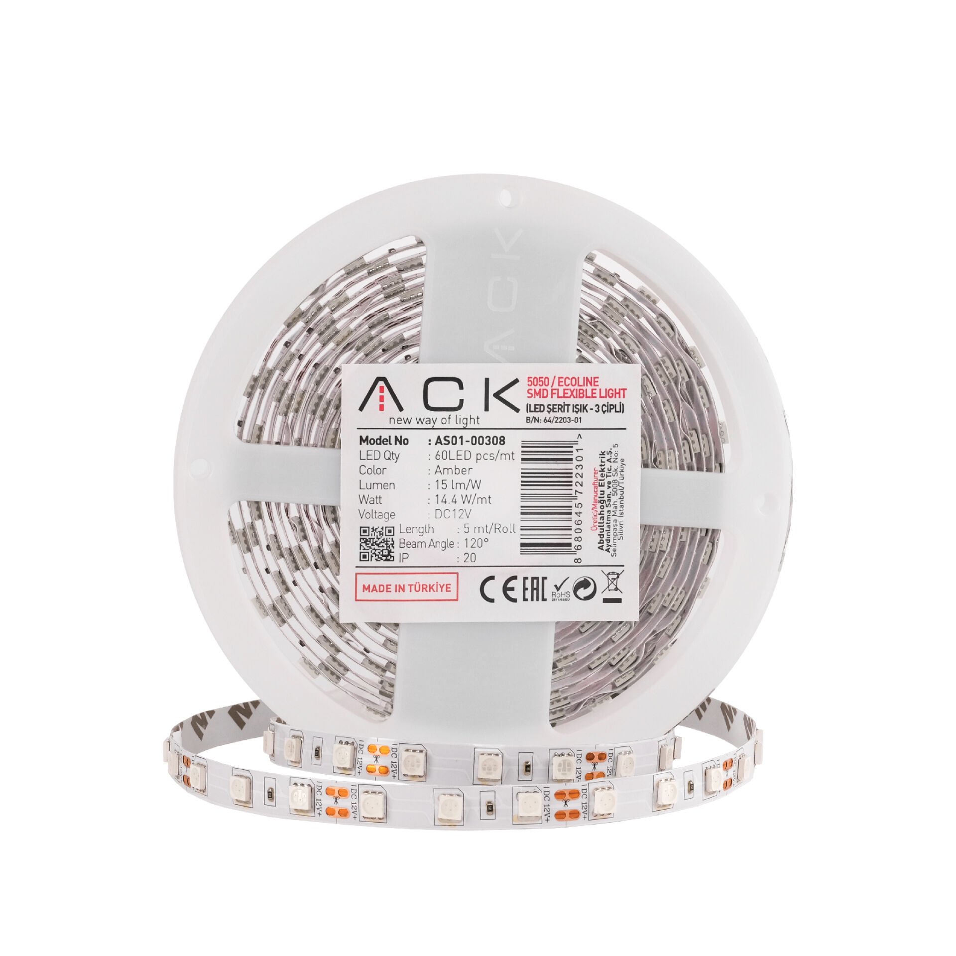 Ack AS01-00304 Üç Çıp Kırmızı 60Led 12V Ip20 Serıt Led