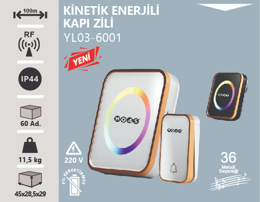 Noas YL03-6001 Kablosuz Dijital Kapı Zili-Kinetik Enerji Kon