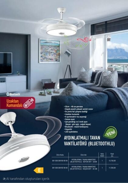 Mutlusan 001 038 300100 00 00 Aydınlatmalı Tavan Vantilatör Bluetooth